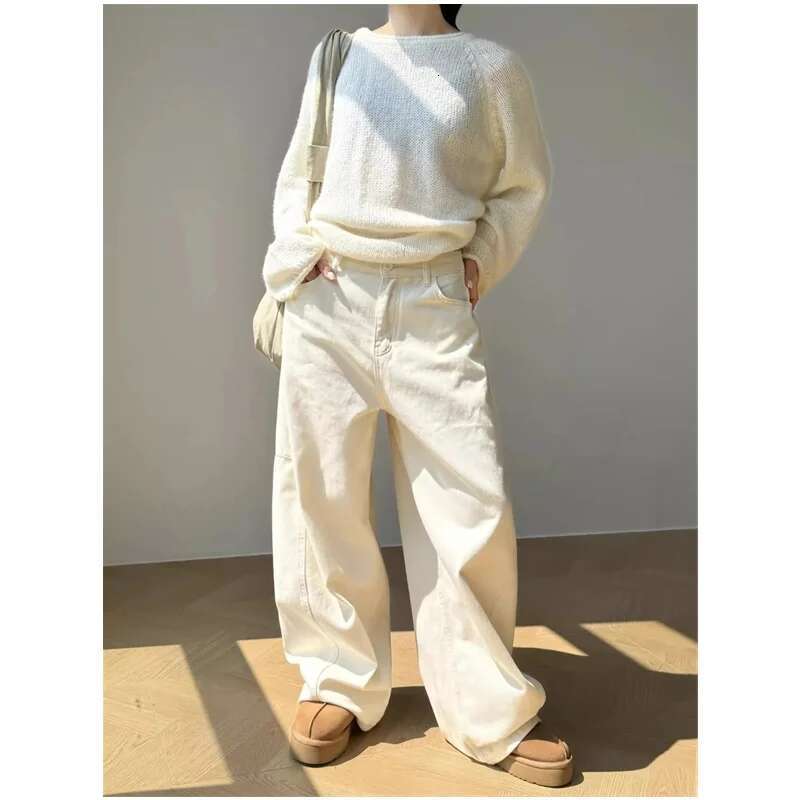 Off White Women Y2k Hip Hop Vintage High Waisted Jeans Straight Streetwear Casual Loose Large Size Wide Leg Denim Pants