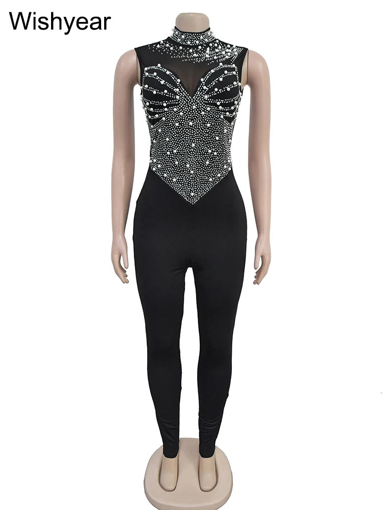 year Sparkle Pearls Rhinestones Patchwork Long Pants Jumpsuits Womens Sleeveless Night Out Rompers Birthday Evening Outfits 250303