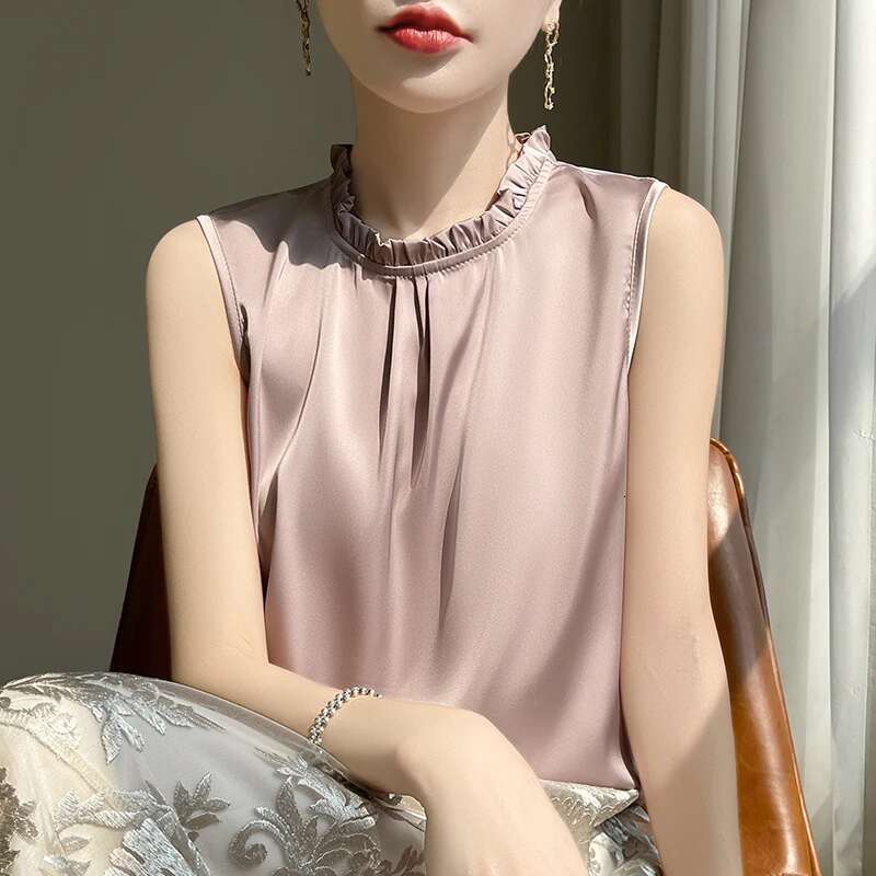 Tank Women New Ruffles Neck Camisole Loose Elegant Sleeveless Blouses Vest Shirt Summer Crop Top 2025 Female Clothing