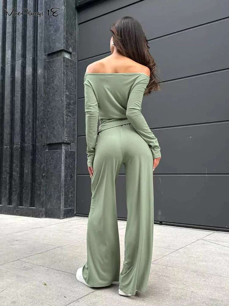 Gray Office Knitwear Pants Sets Women Slash Neck Tees And Wide Legs Trousers Solid Two Pieces Suits Spring 2024 Lady