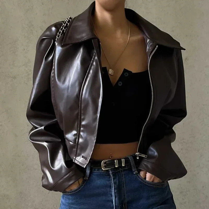 Faux Leather Jacket Women Fashion Brown PU Oversized TurnDown Collar Zipper Cropped Coat Autumn Winter 2024 250226