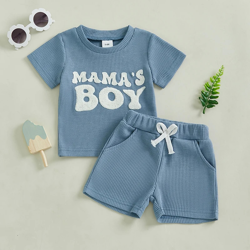 0-3Y Baby toddler and boy summer set with embroidered letters short sleeved solid T-shirt 2-piece waffle knit set 250304