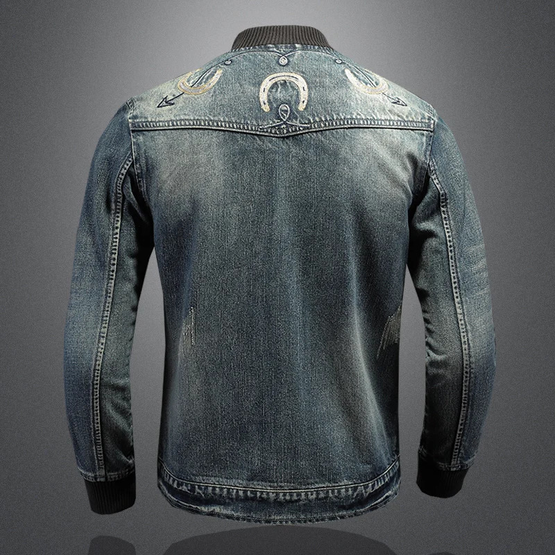 2024 High Quality Fashion Allinone Denim Jacket Handsome Trend Casual Horseshoe Embroidery Vintage Boutique 250304