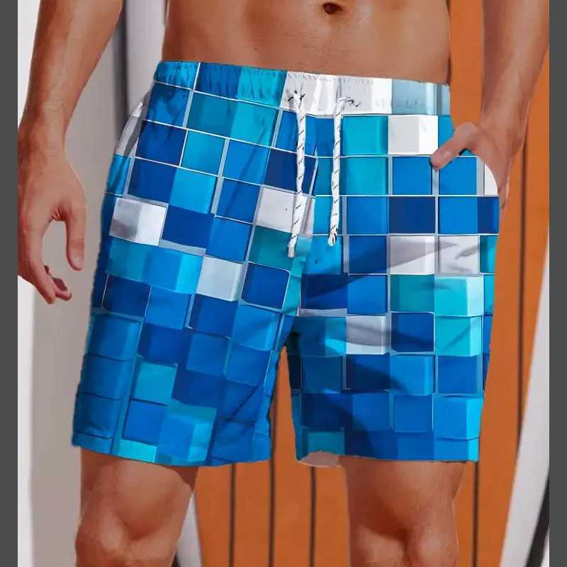 3D Printed Striped Flame Beach Shorts Mens Splicing Grid Pattern Board Shorts Summer Drawstring Breathable Hawaiian Swim TrunksT250304