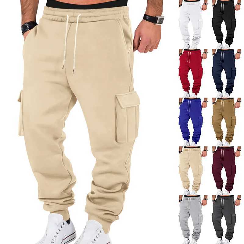 Autumn and winter wool lined mens sports pants multi pocket drawstring cargo pants outdoor sports jogging pants cuff sports pantsXJ250303