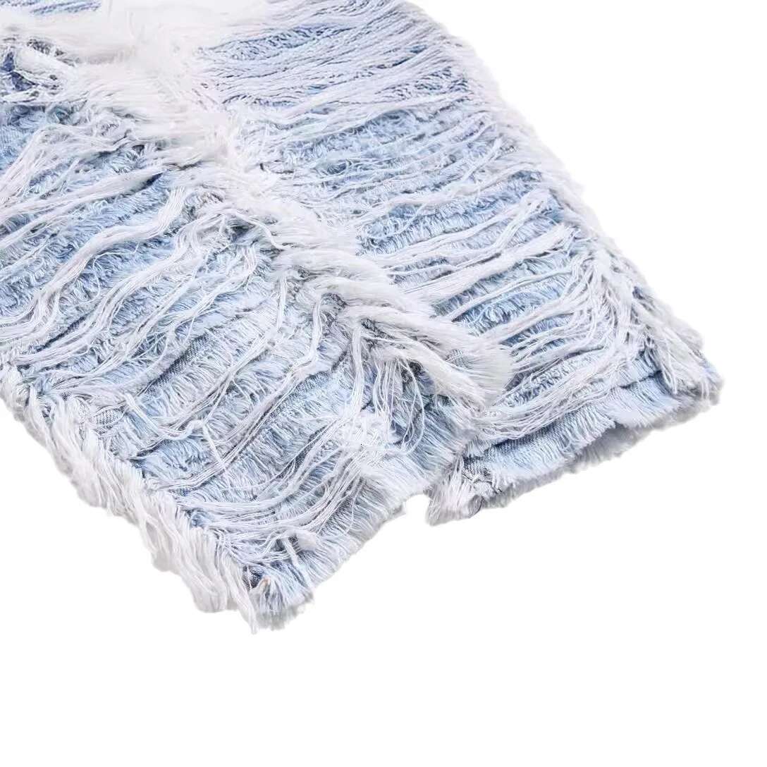 Men's Heavy Industry Fringed Jeans, Street Trendy Stacked Loose Pants Embroidered Cut Hair Denim Trousers