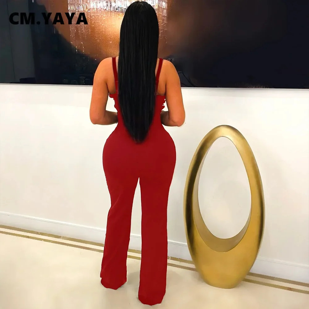 CM.YAYA Women V-Neck Backless Wide Leg Straight Sleeveless Jumpsuits 2025 Spring Patchwork Sexy One Piece Set Streetwear Outfits 250303