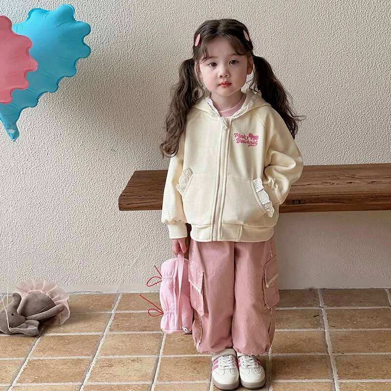 Ddmyshoesvip Spring Korean Baby Jacket Cotton Letter Lace Pocket Hood Kid Coat Loose Zipper Trendy Toddler Girl Outerwear