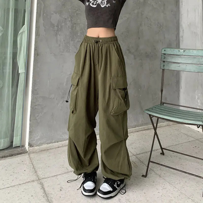 Back to School Womens American Hip-Hop Wide-Leg Large Pockets Drawstring Work Pants High Street Casual Sports Pants 250303