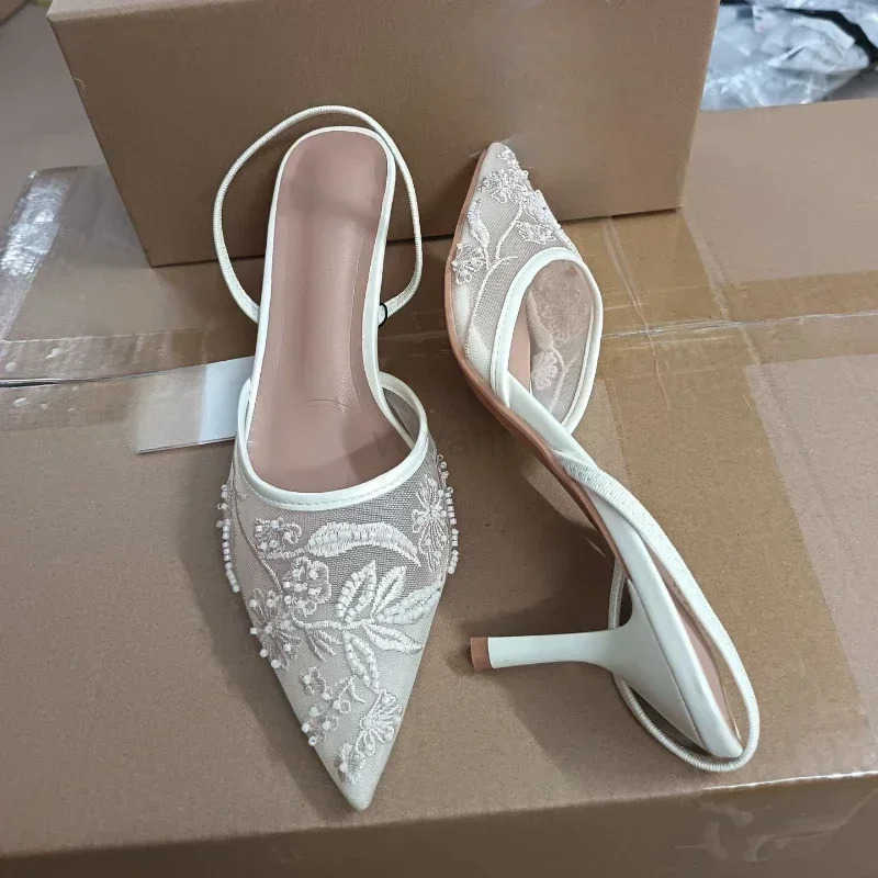 Mesh Embroidered Brand Sandals Wen String Bead Thin H Mes Shoes Pointed Toe Slingback Slippers Wen Zapatos De Mujer Z250304
