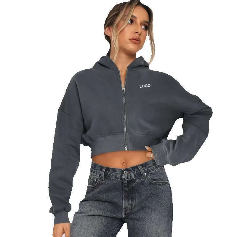 Solid Zip Up Cropped Gym Casual For Women Drop Shoulder Zipper Wholesale Women's Pullover Hoodie Sweatshirt
