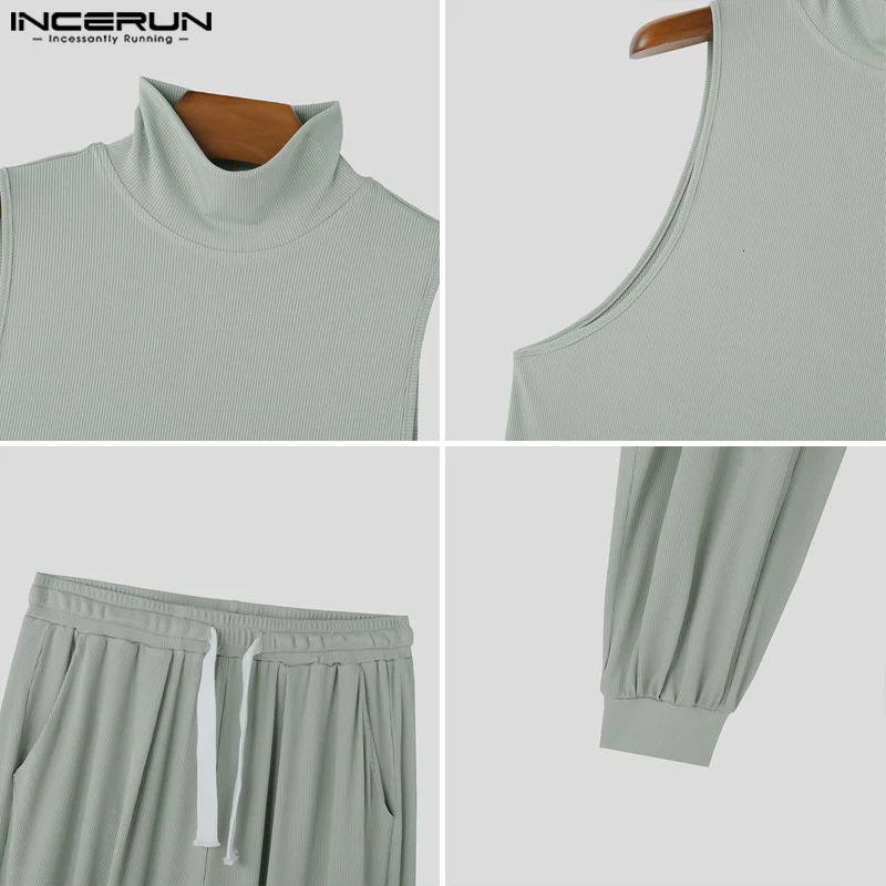 Men Sets Solid Color Streetwear Turtleneck Sleeveless Tank Tops Drawstring Pants 2PCS Fashion Mens Casual Suits INCERUN 250303