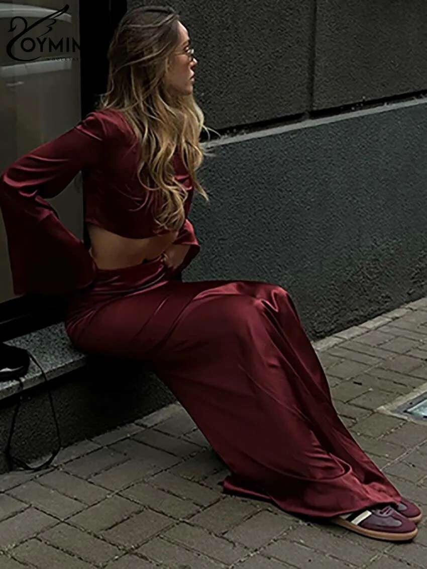 Oymimi Fashion Wine Red Sets For Women 2 Pieces Elegant Satin O-Neck Long Sleeve Crop Tops + Slim Simple Or-Length Skirts Set