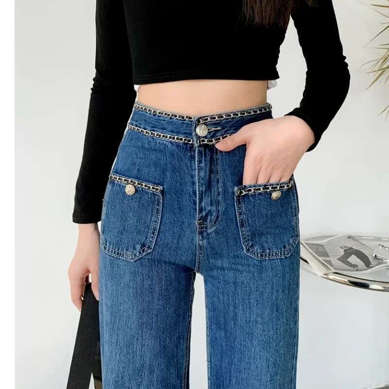 Korean Chic Fashion Chain Blue High Waist Jeans Women Spring Autumn New Straight Baggy Loose Slimming Wide-Leg Denim Pants