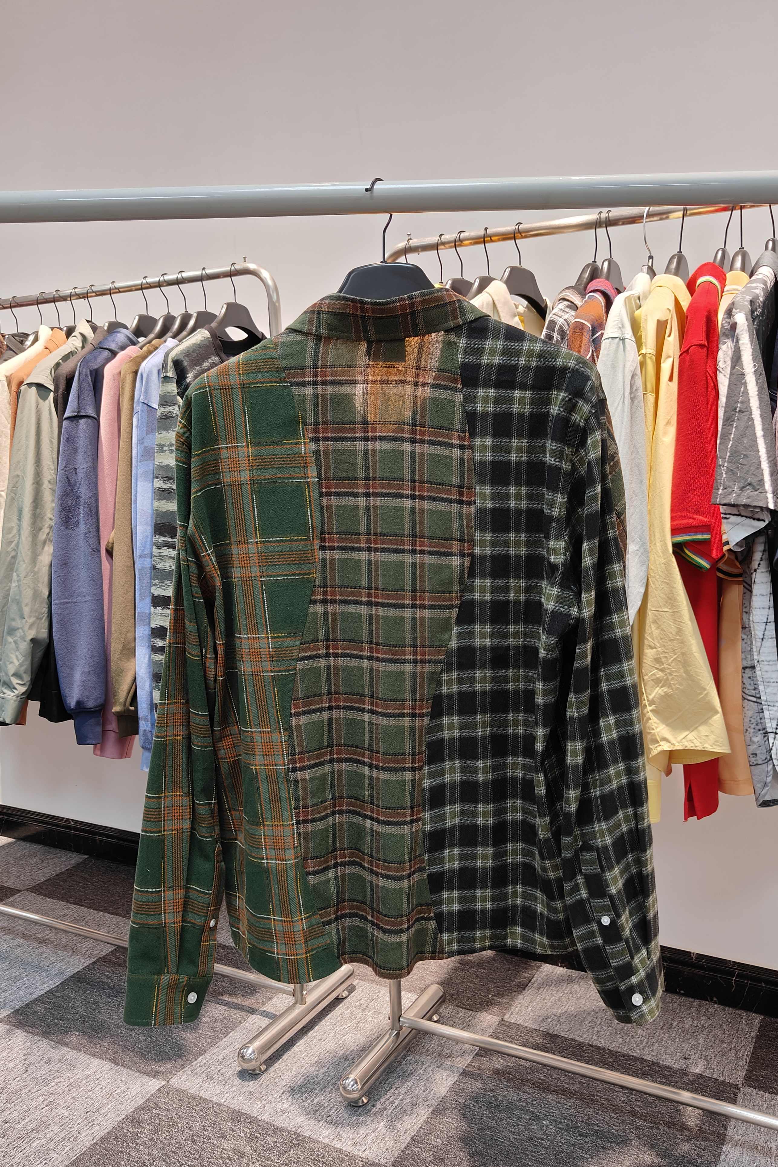 Men's Green Triple Plaid Shirt Cotton flannel shirt Button closure Logo embroidered at patch pocket Unisex Street Wear