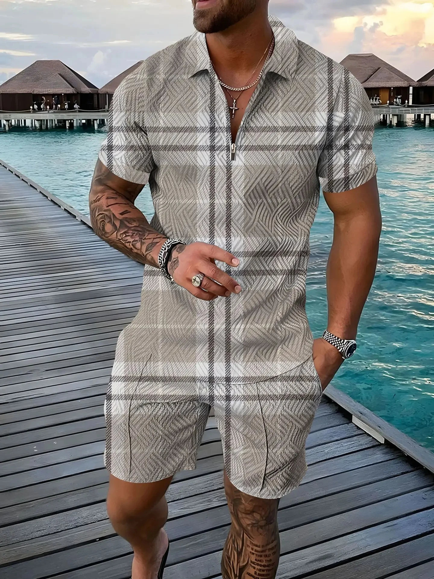 Vintage Casual Striped 3D Print Polo shirt 2pcs Set Zipper Lapel Polo Sets Zipper CollarShorts Hawaii Holiday Style Man Clothes 250304