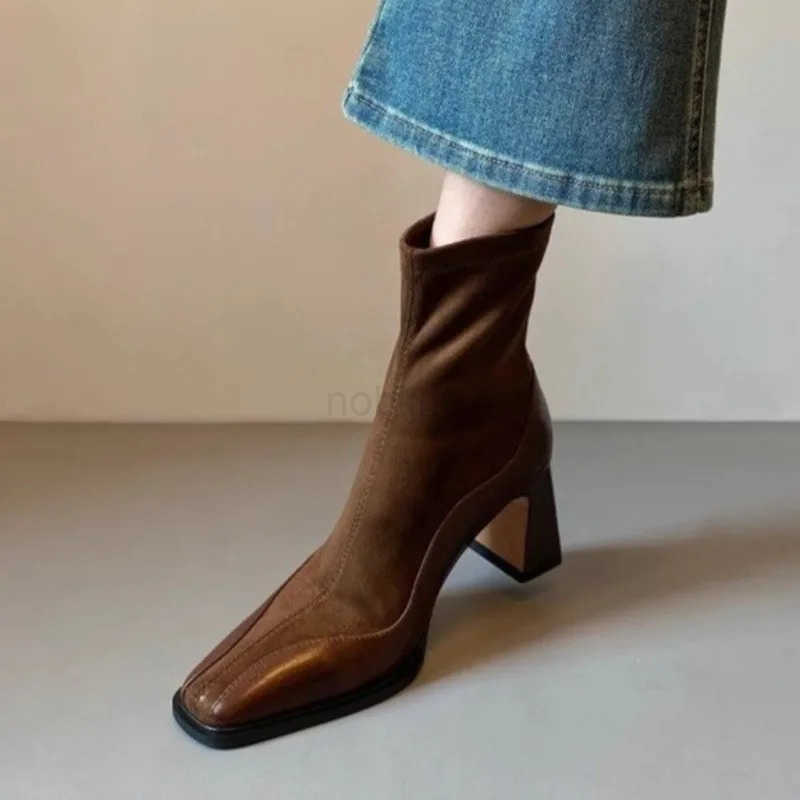 Wens New Winter Thick Heel Cotton Boots Square Splicing Suede Back Zipper Anti-slip Wear-resistant Short Boots Z250304