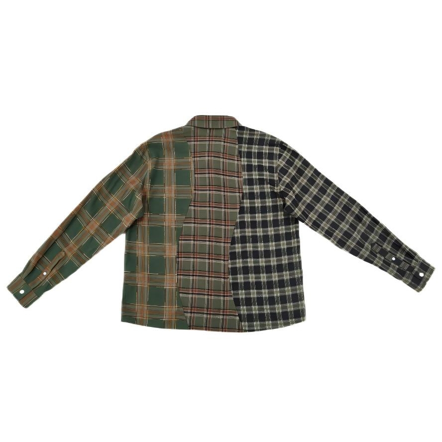 Men's Green Triple Plaid Shirt Cotton flannel shirt Button closure Logo embroidered at patch pocket Unisex Street Wear