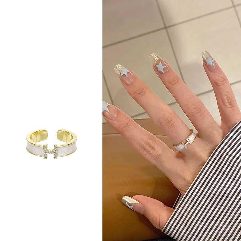 Couple Rings Rising Sun Letter H Ring Enamel Drip Oil Zirconia High Grade Open Ins Niche French Internet Red Ring Finger Ring H25303
