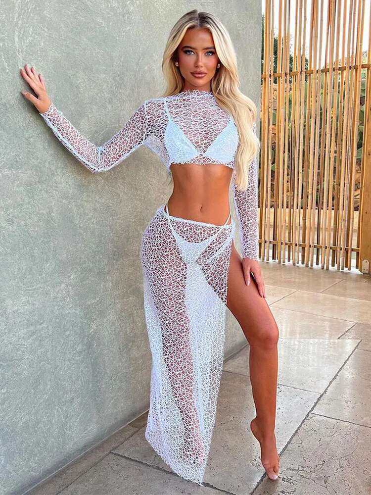 Avrilyaan Perspective Grid Sexy Two Sleeve Top Split Long Skirt Elegant Casual 2 Piece Women Set