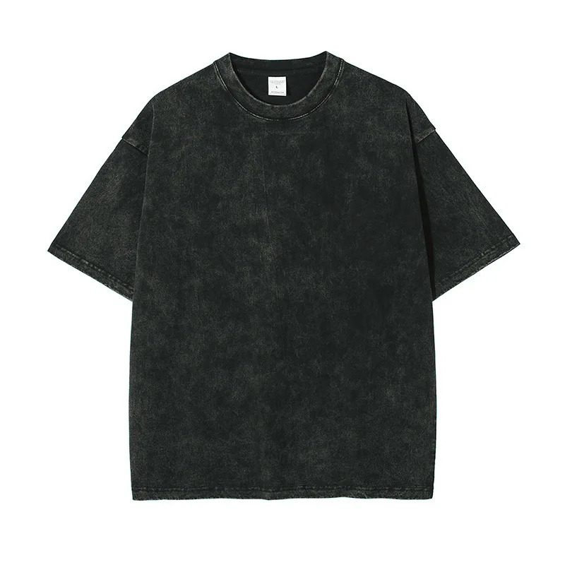 T-shirt for Men Cotton Loose O-Neck Solid Color Mens Casual Vintage Short Sleeve Tees Tops Hip Hop Streetwear Washed Tshirts 250304