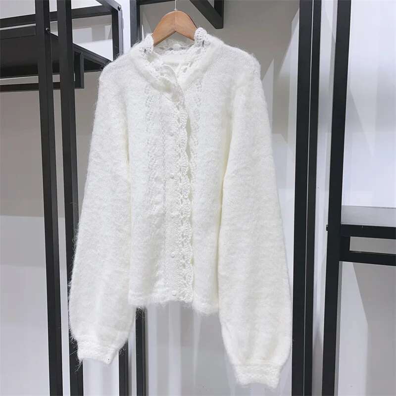 Early Spring Women Knitted Sweater Ladies Single-Breasted Petal Trim Hollow Out Cardigan Female Soft Knitwear Top