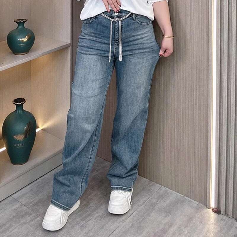 Women's Plus Size High Waist Drawstring Wide Jeans 2025 Spring Fall Premium Slimming Narrow Straight Leg Casual Pants