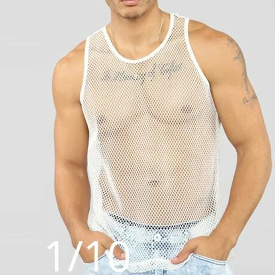 Tank Tops Vest Men O-neck Party Nightclub Wear Rose Red Black Fashion M-2XL Mesh Patchwork Sleeveless Streetwear 250304