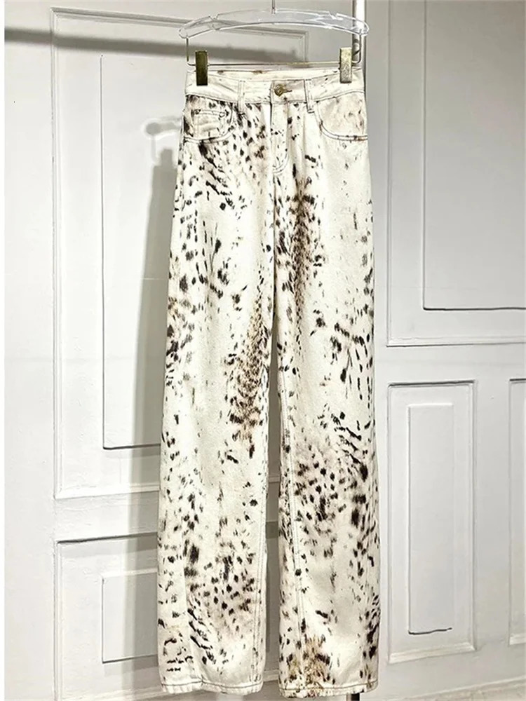 Leopard Print Straight Wide Leg Jeans High Waisted Retro Streetwear Y2k Vintage Pants Street Denim Trousers 250227