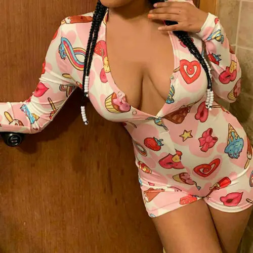 Sexy Fashion Women Bodysuits Long Sleeve Deep V Neck Bodycon Stretch Leotard Button Shorts Romper Jumpsuits Pajamas Overalls 250303