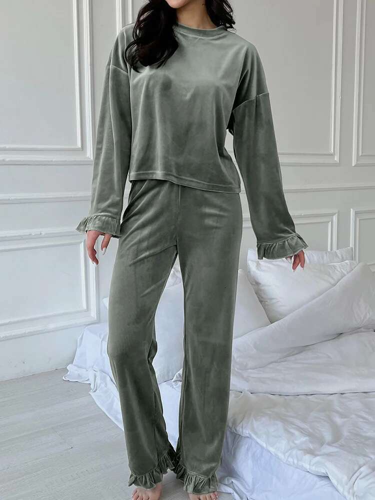 Hiloc Veet Pamas For Women 2 Piece Sets Ruffle Long Sleeve O Neck Sleepwear Female Knitted Trouser Suits 2024 Autumn Casual