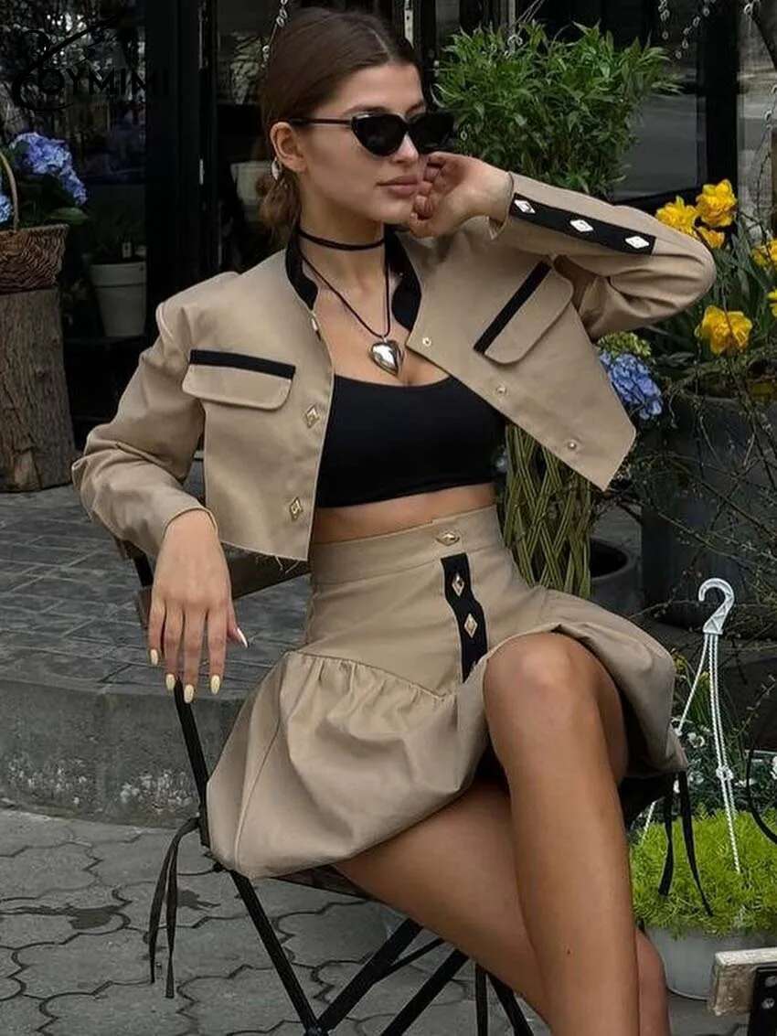 Oymimi Fashion Black Patchwork Two Piece For Women Casual Long Sleeve Button Pockets Crop Shirts + High Waist Mini Skirt Set