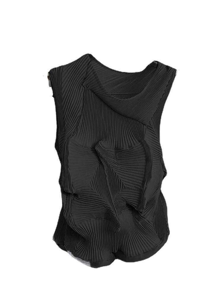 LANMREM Solid Pleated T-Shirt For Women Irregular Round Neck Sleeveless Designer New Tops Female Clothing 2025 Summer 2Ya1040