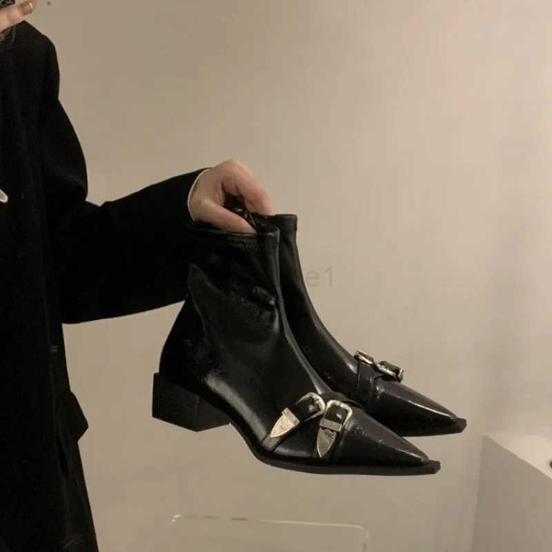 Wens fion chunky heel shoes new fall pointy metal buckle side zipper mid-heel cfort ankle boots Z250304