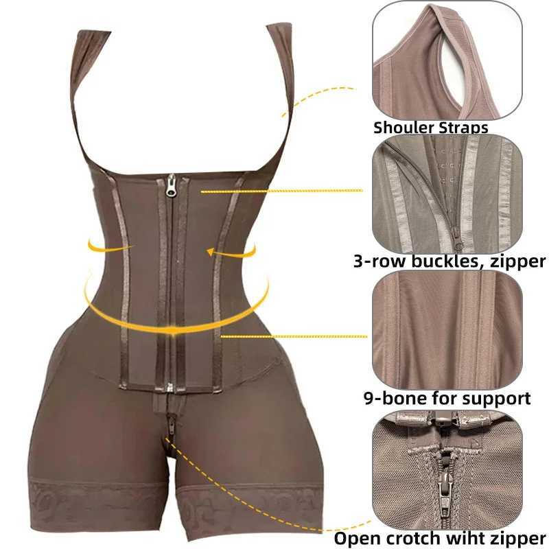 Body Shaper Shapewear Women Bodysuit Colombian Fajas 9-bone High Compression Girdle Double Tummy ControlOpen Crotch with ZipperXJ250304
