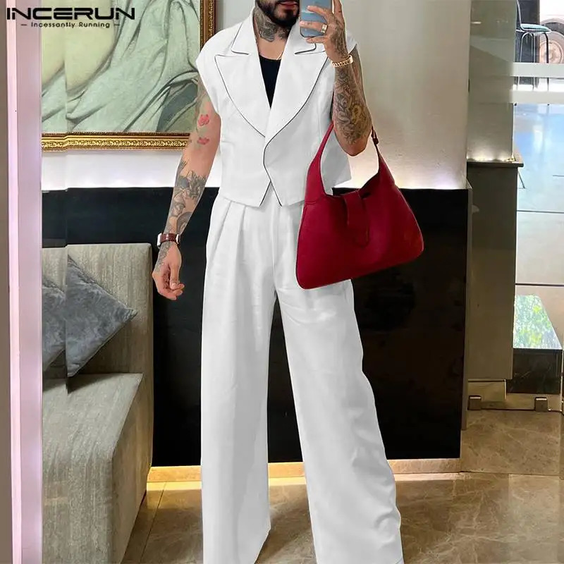 INCERUN Men Sets Solid Color Streetwear Lapel Sleeveless Vests Straight Pants 2PCS Summer Fashion Men Casual Suits S-5XL 250303