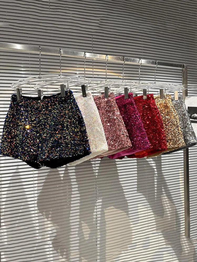 DEAT Fashion Trendy Womens Colorful Sequins Shorts 2025 Spring Collection High Waist Zipper Short Pants Female 11XX8816 250303
