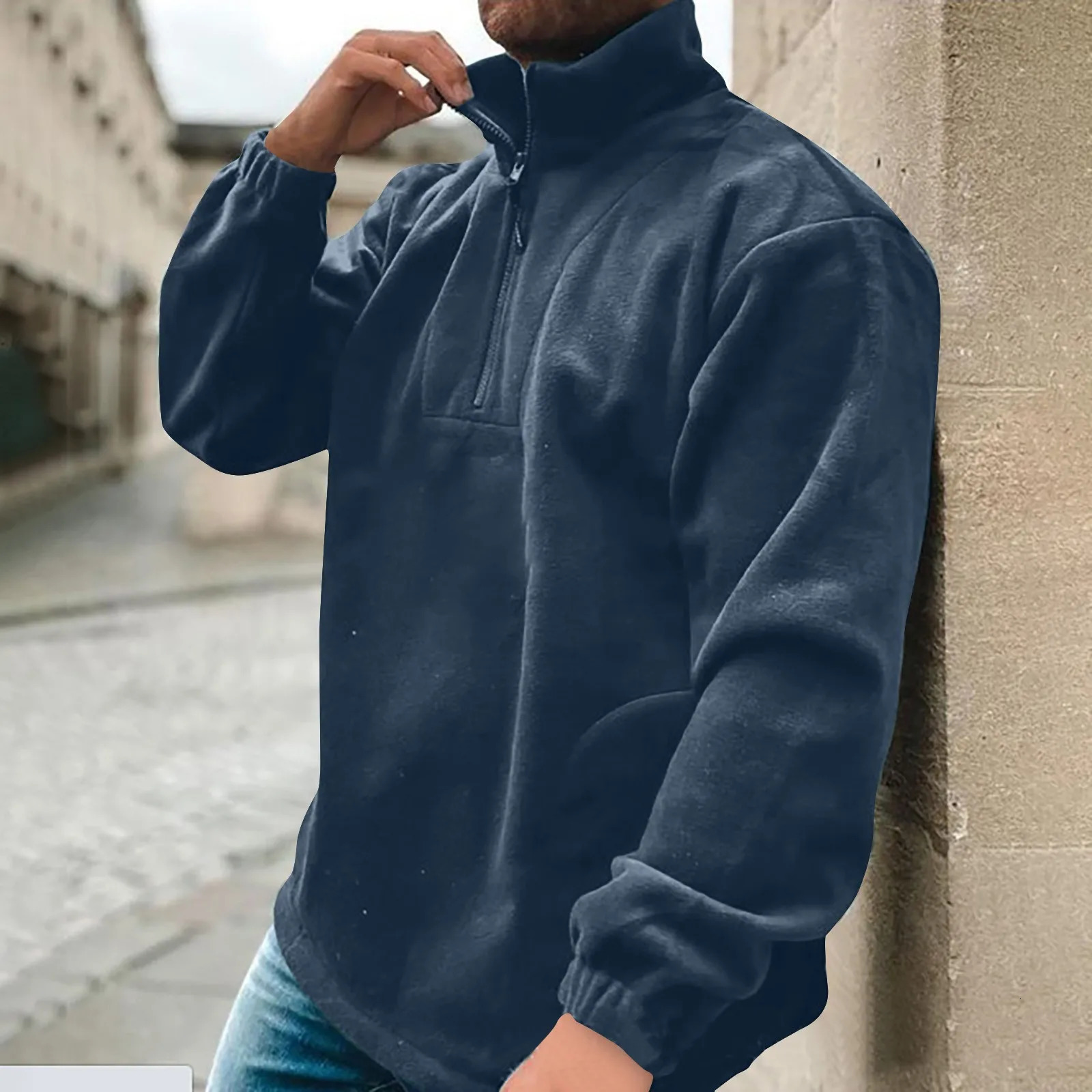 Mens Fleece Hoodless With Half Zip Solid Color Long Sleeved Sweatshirts Casual Cropped Tops For Selling Item 2024 250304
