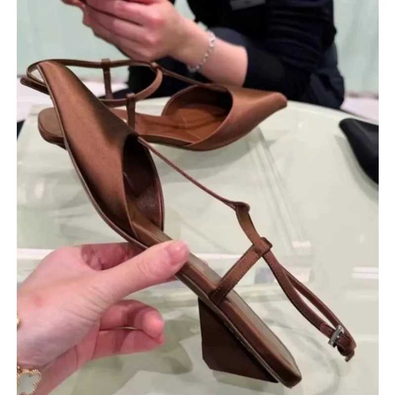 New Elegant Satin Pointed Toe Back Empty Sandals Wens e-word Buckle Sexy Kitten Heel Wens High Heel Pumps Sandals Y250303