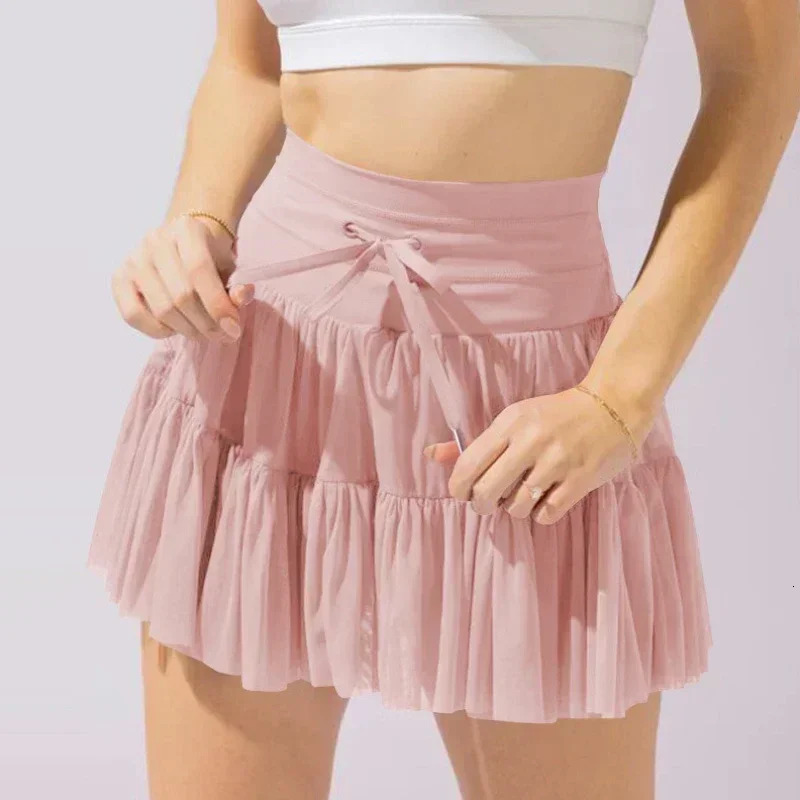 Solid Casual Short Skirt For Women Summer Y2K Womens Lace-up Mesh Pleated Mini Skirts With Pocket Lady Street Short Skirt 250304