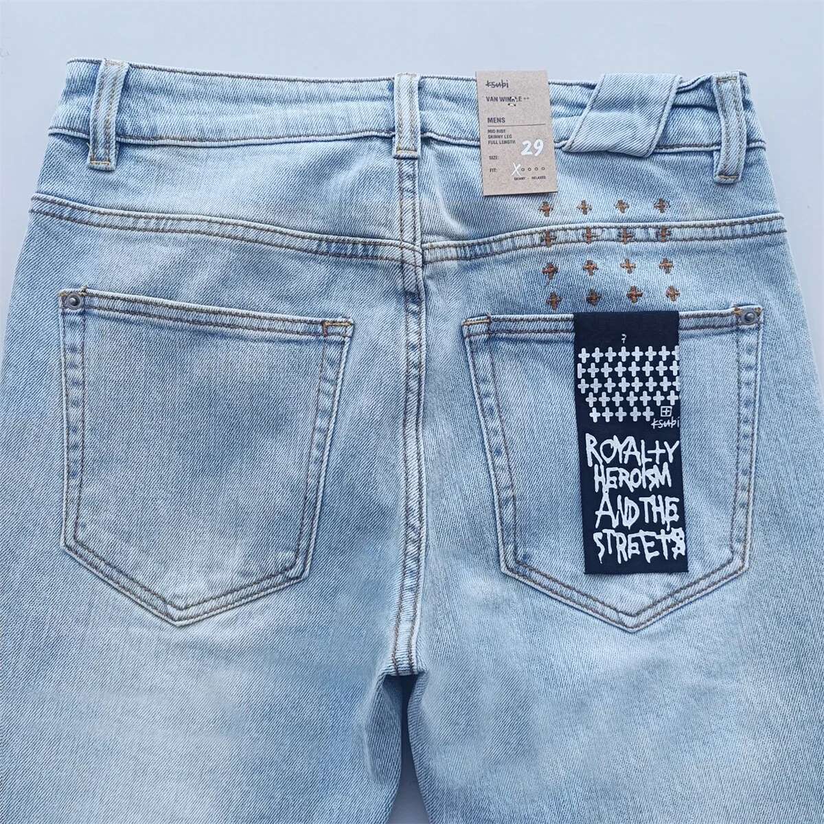 New KSUBI Cross Men High Street Wash Light Blue Hole Trend Low Rise Skinny Pants Daily Casual Ripped Frayed Jeans Brand