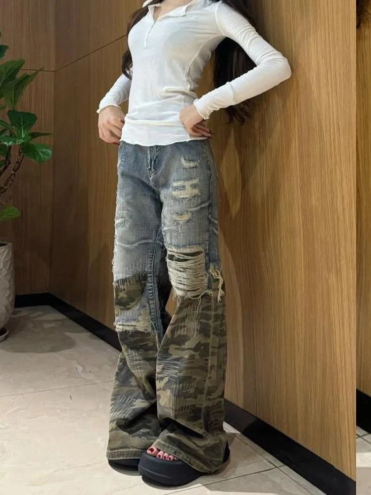 Women Gyaru Y2K Camouflage Patchwork Flare Low Rise Damage Denim Pants Hole Bell-Bottom Long Trousers Jeans Punk Trumpet Pants 250303