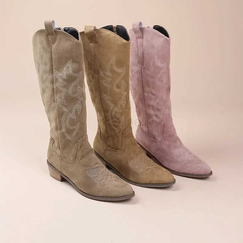 Embroidered Wern Cowboy Boots for Wen Autumn Pointed Toe Thick Heel High Knee Boots Wan Loose PU Leather Long Botas Mujer Z250304