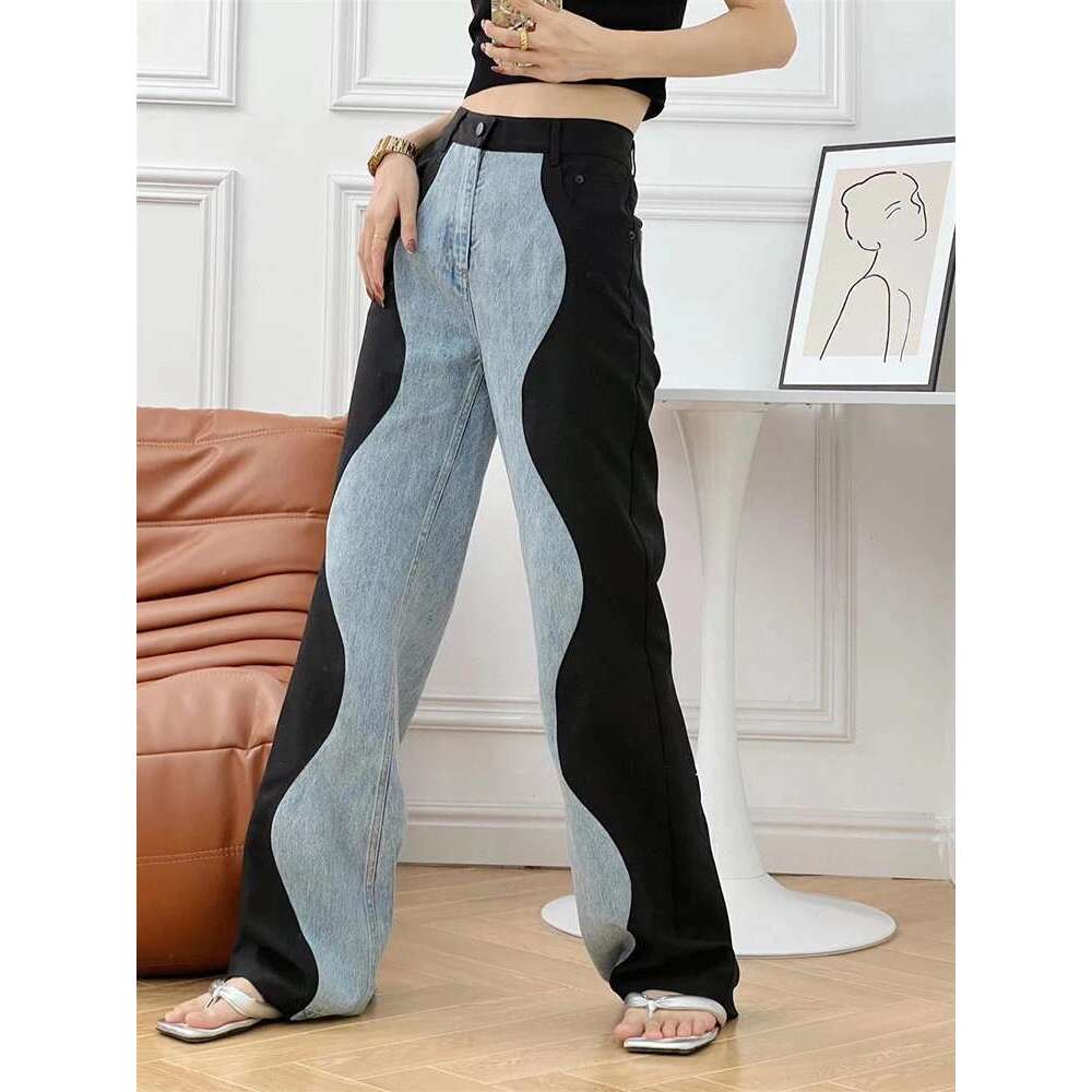 Fashion Women's Jeasn New High Waist Black Blue Wave Spliced Straight Tube Wide Leg Denim Pants Tide Autumn 2025 17A2517
