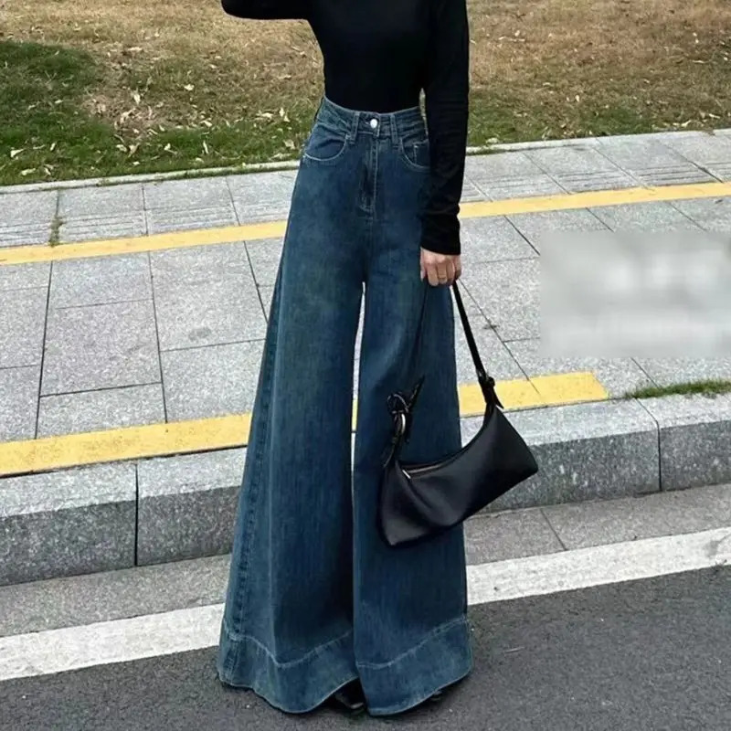 American Retro High-Waist Skiny Flare Pants Wide-Leg Long Jeans Womens Autumn Denim Long Trousers High Street Streetwear 250228