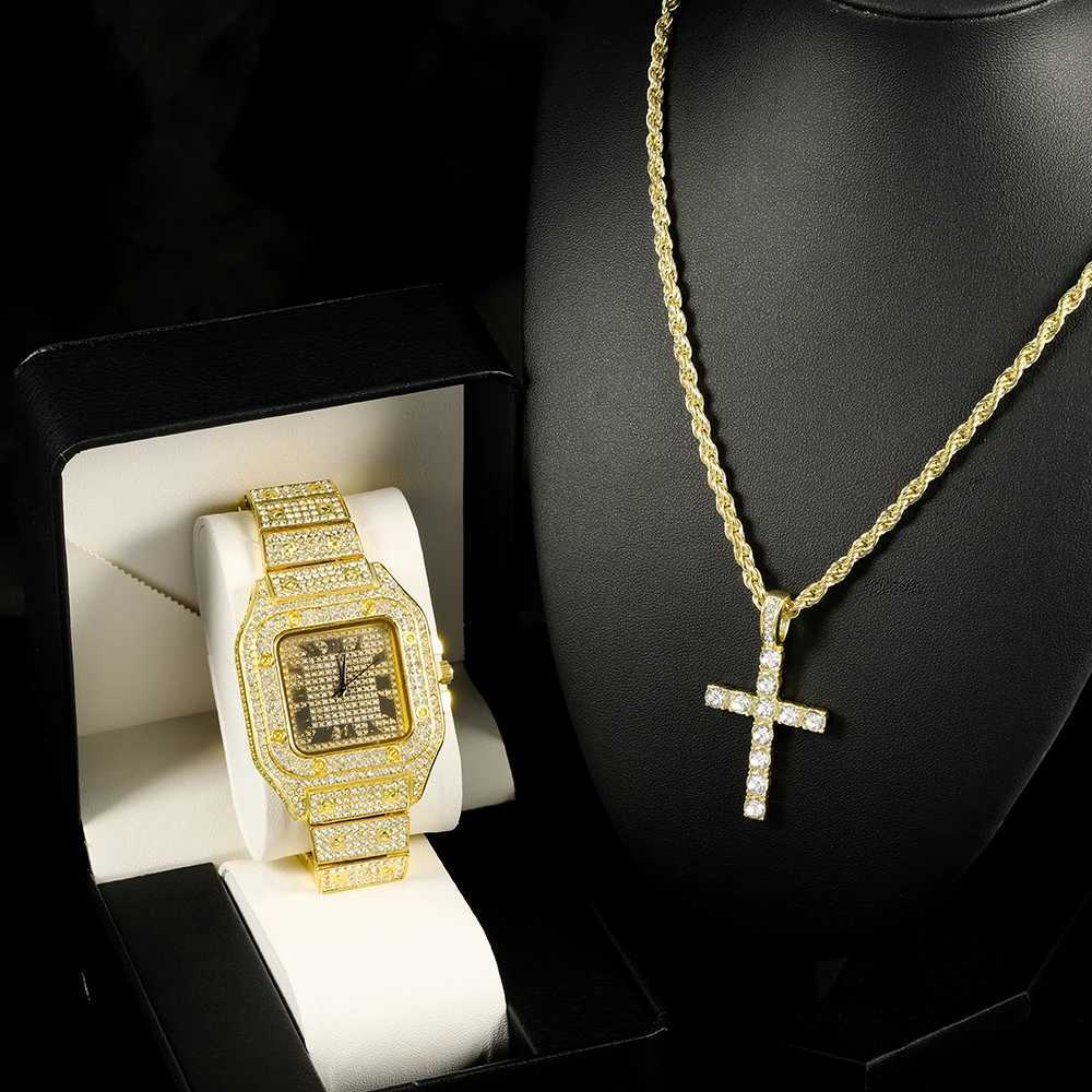 3pcs Stylish Jewelry Set Hip-hop Punk Inlay Diamond Square Quartz With Cross Pendant Necklace For Men Women Party Gift BoxXJ250304