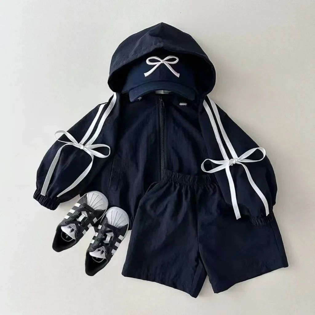 Summer Girls Long Sleeve Bow Sunscreen Jacket Shorts 2pcs Suit Baby Hooded Cardigan Clothes Set Toddler Girl Outfits 250304