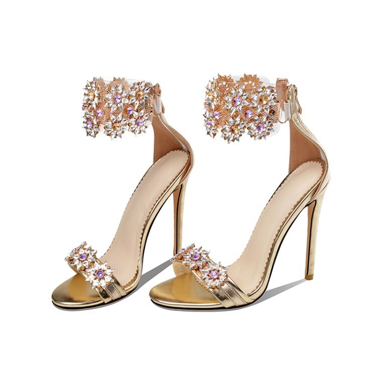 Golden High-Heeled Sandals, Rhinestone Shoes, Flower Back Zipper Women's Shoes