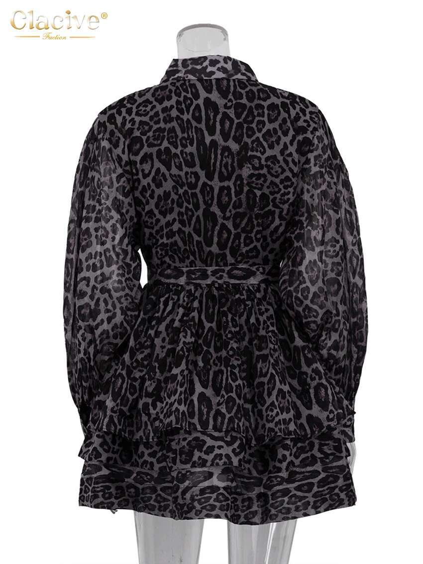 Clacive Fashion Leopard Print Women's 2024 Vintage Lapel Long Sleeve Mini Dresses Elegant High Waist Pleated Female Dress
