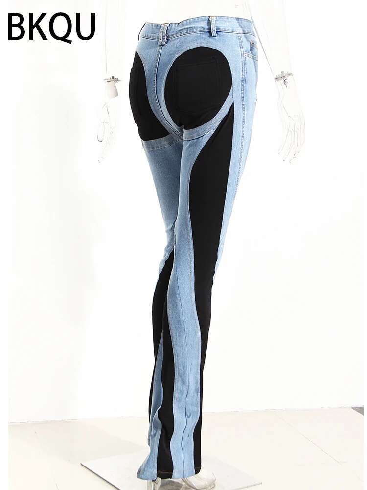BKQU Jeans Women Pencil 2023 Fashion High Waist Contract Color Patchwork Split Long Denim Pants Elastic Skinny Trousers